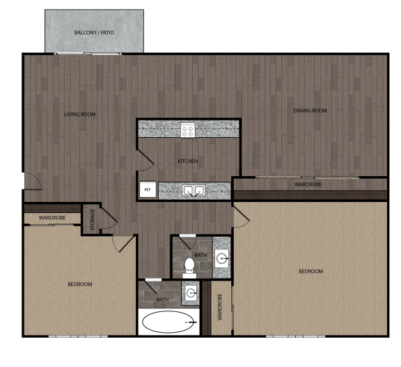 Two bedroom one and a half bath floorplan image at The Boardwalk in Turloc CA