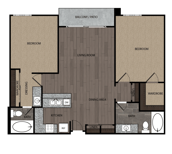 Two bedroom two bath apartment featuring a full kitchen and bathroom, and private patio/balcony. It is approximately 953 square feet, Floorplan is an artist rendering and all dimensions are approximate, Actual units vary in dimension and detail. Not all features are available in every unit. Prices and availability are subject to change without notice. Please call a representative for details