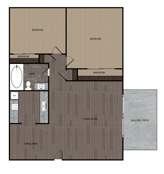 2D rendering of two bedroom one full bathroom floor plan featuring private patio. Approximately 760 square feet.