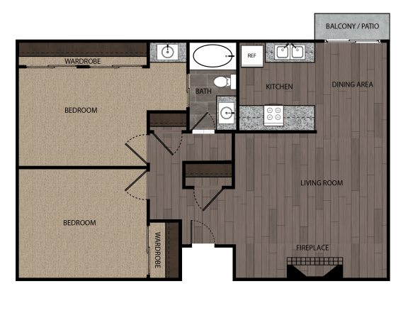 Rendered drawing of two bedroom one full bathroom and kitchen floorplan with private patio/balcony.. Approximately 904 square feet.