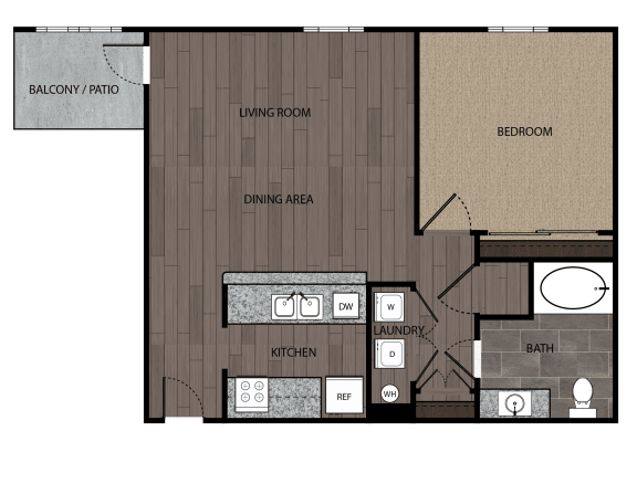 rendered drawing of one bedroom one full bathroom and kitchen with private patio/balcony. Approximately 771 square feet