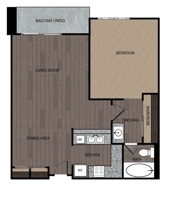 One bedroom one bath apartment featuring a full kitchen and bathroom, and private patio. It is approximately 623 square feet, Floorplan is an artist rendering and all dimensions are approximate, Actual units vary in dimension and detail. Not all features are available in every unit. Prices and availability are subject to change without notice. Please call a representative for details