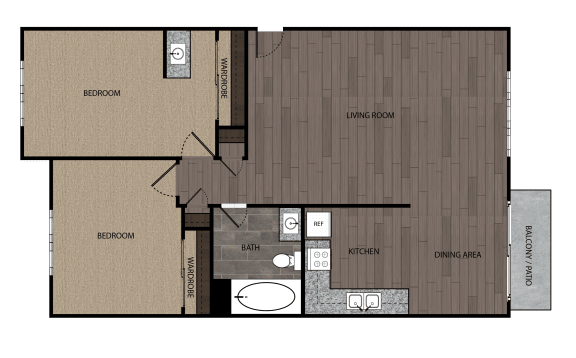 Rendered drawing of two bedroom one full bathroom and kitchen with private patio/balcony. Approximately 820 square feet.