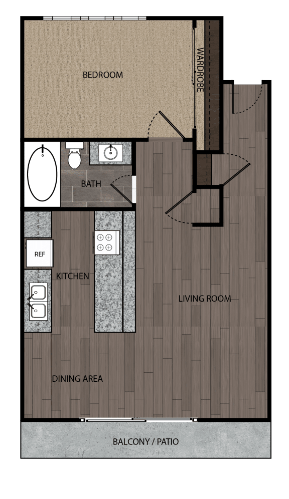 2D rendered drawing of one bedroom one full bathroom and kitchen floorplan. Approximately 513 square feet.