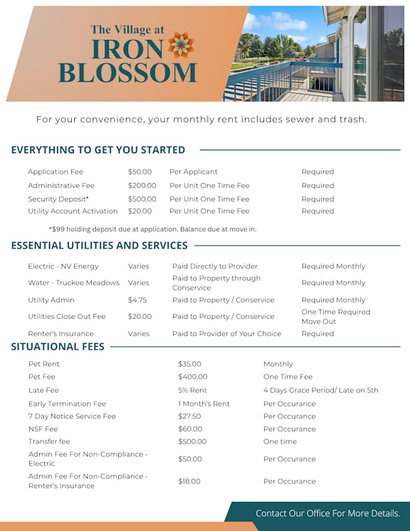 A flyer for The Village at Iron Blossom outlines the costs for renting a unit, including essential utilities and optional fees.