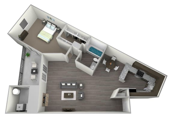 Floor Plan  3D rendered drawing of a one bedroom one full bathroom floorplan with full kitchen, private patio-balcony, large walk in closet and washer and dryer connections. Approximately 760 square feet.