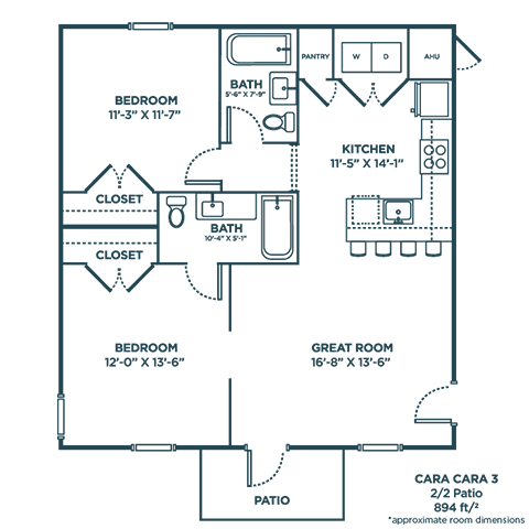 A floor plan of a house with a kitchen, three bedrooms, a bathroom, and a great room.