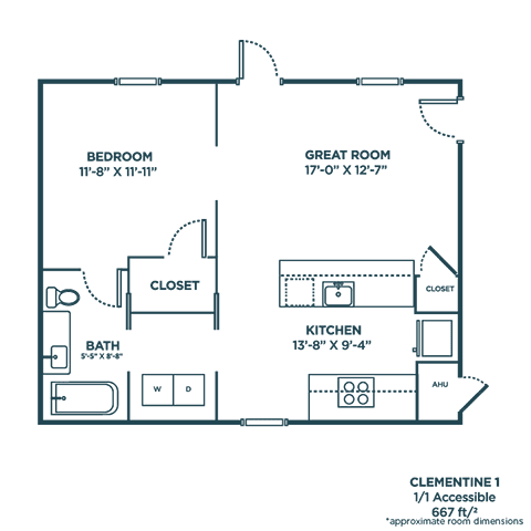 A floor plan of a Clementine 1 WA accessible home with a bedroom, bathroom, kitchen, and two closets.