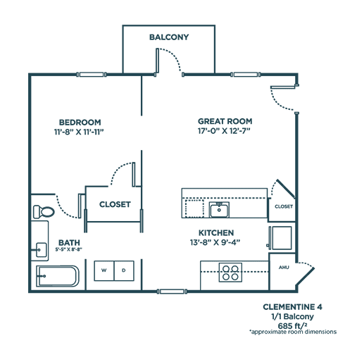 A floor plan of a home with a balcony and a great room.