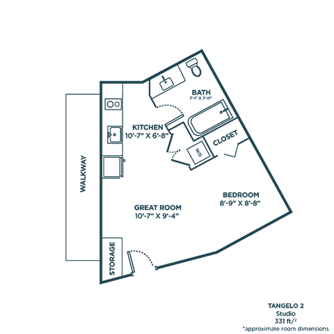 A floor plan of a studio apartment with a kitchen, bathroom, and living room.
