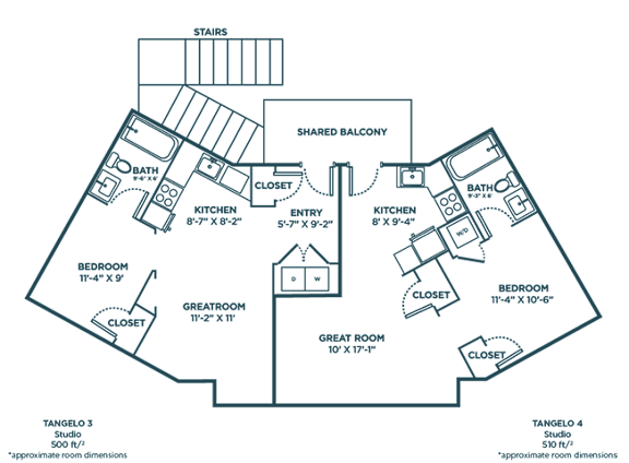 A floor plan of a house with a shared balcony and four bedrooms.