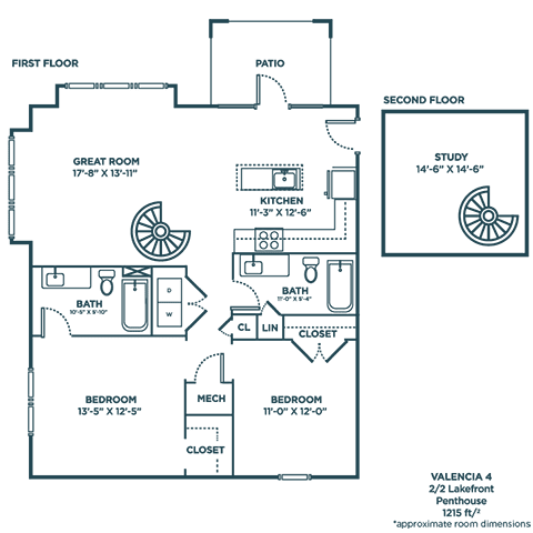 A floor plan of a two-story house with a garage and a study on the second floor.
