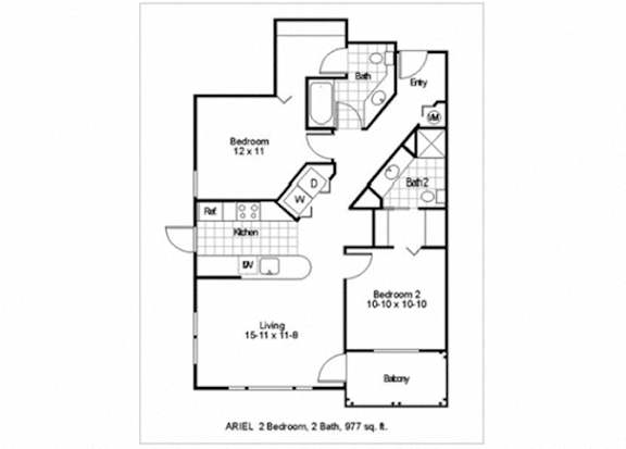 A floor plan of a two bedroom apartment with a living room and bathrooms.