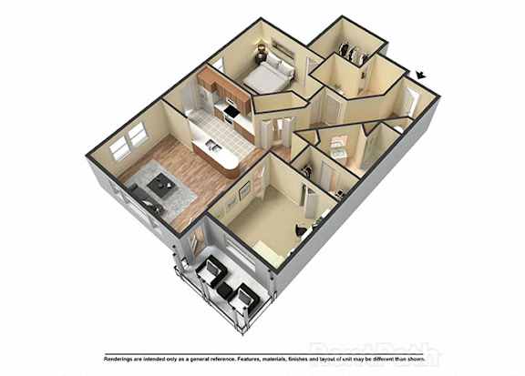 A 3D rendered image of a house layout.