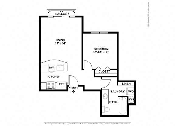 A floor plan of a home with a living room, bedroom, laundry, and kitchen.