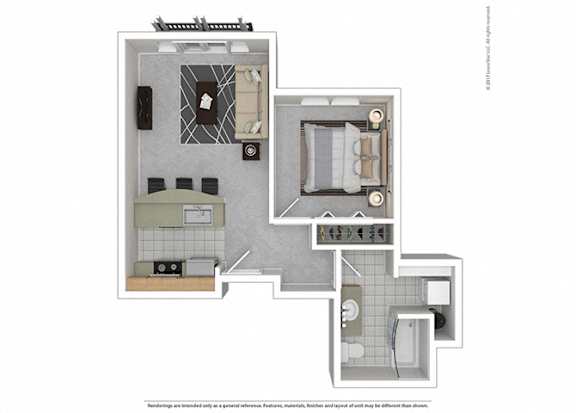 A floor plan of a small apartment with a kitchen, living room, and bathroom.