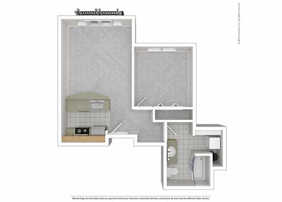 A floor plan of a small apartment with a kitchen, living room, and bathroom.
