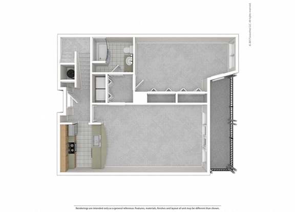 A floor plan of a house with a kitchen, living room, and bathroom.
