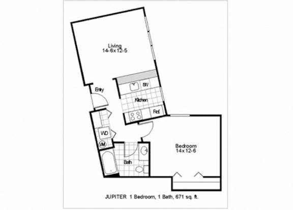 A floor plan of a one bedroom apartment with a bathroom and living room.