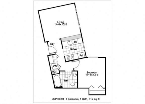 A black and white drawing of a house plan with a living room, two bathrooms, a kitchen, and a bedroom.