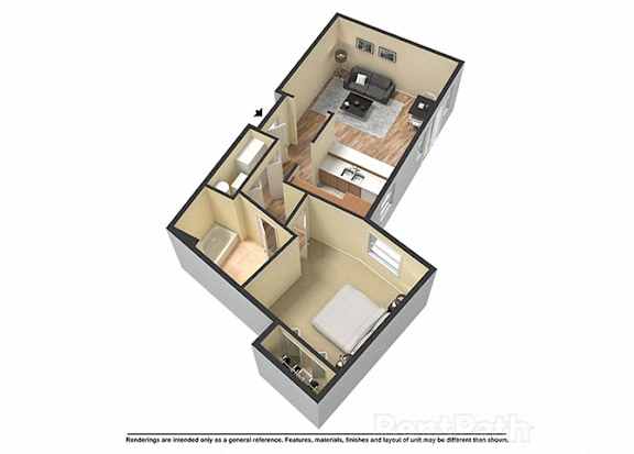 A 3D image of a room with furniture and a bed.