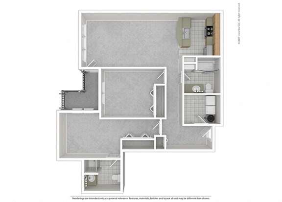 A floor plan of a house with a kitchen, living room, and bathroom.