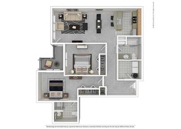 A floor plan of a house with a kitchen, living room, dining room, and bathrooms.
