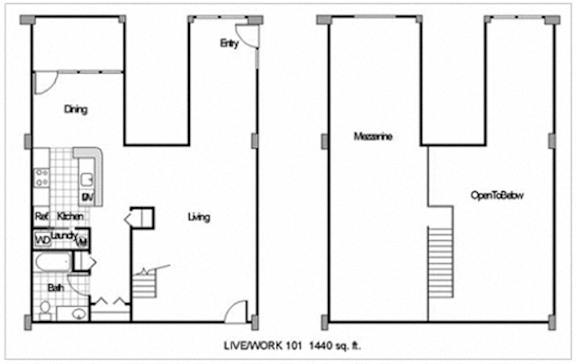 A floor plan of a 1440 square feet live/work space.