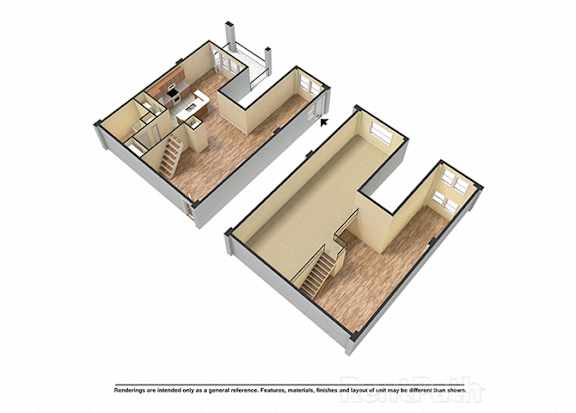 A 3D floor plan of a house with two bedrooms and a living area.