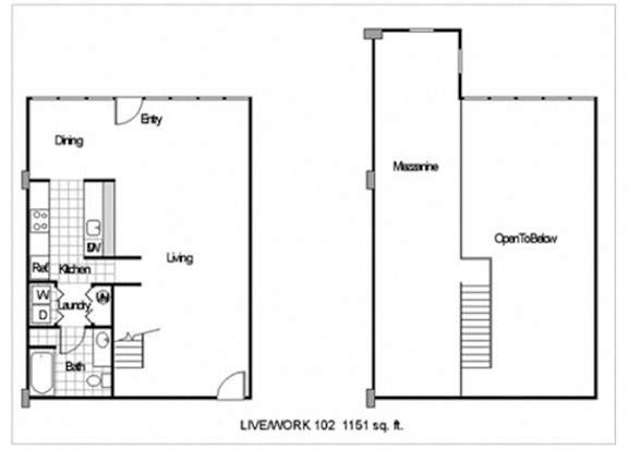 A floor plan of a live/work space is shown, with a living area, dining room, kitchen, bathroom, and open loft space.