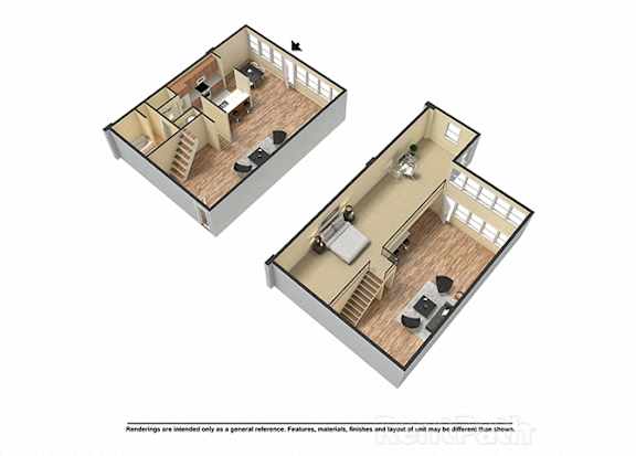Two images of a house layout with a kitchen, living room, and staircase.