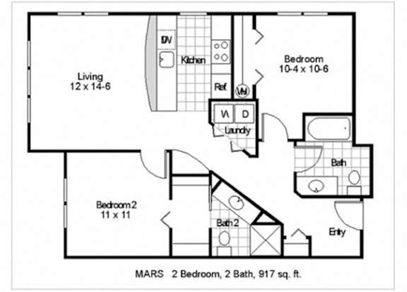 A black and white image of a floor plan for a 917 square foot home with two bedrooms and two bathrooms.