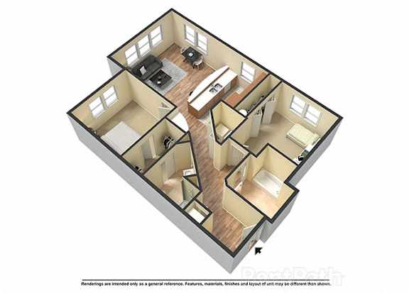 A 3D floor plan of a house with a kitchen, living room, and bedrooms.