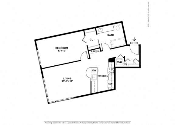 A floor plan of a small apartment with a living room, bedroom, kitchen, and bathroom.