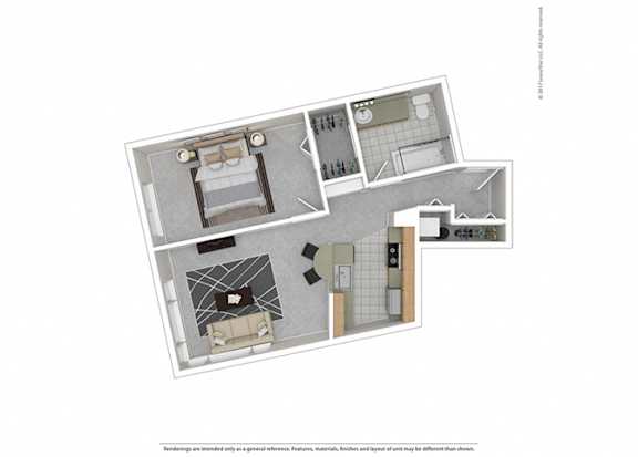 A floor plan of a house with a kitchen, living room, and bathroom.