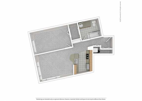 A floor plan of a house with a kitchen, living room, and bathroom.