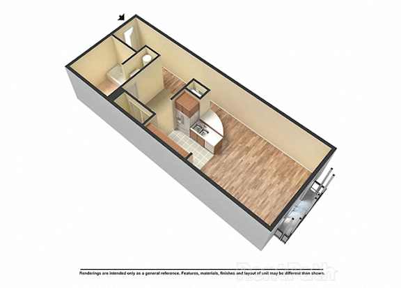 A 3D image of a house layout with a kitchen, living room, and bathroom.