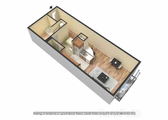 A 3D rendered image of a house layout.