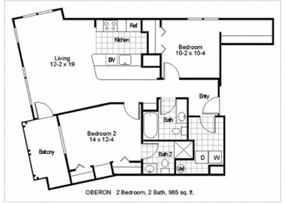 A black and white image of a floor plan for a home with two bedrooms and two bathrooms.