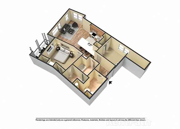 A 3D rendered image of a house layout.
