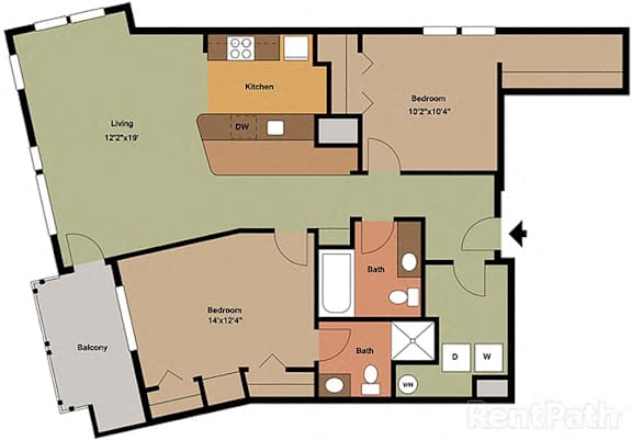 A floor plan of an apartment with a living room, kitchen, two bedrooms, a bathroom, and a balcony.