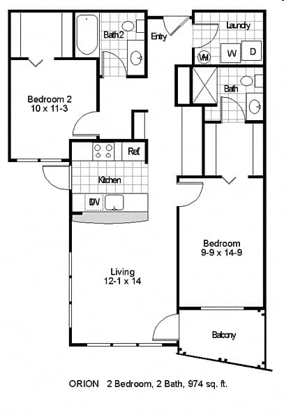 A floor plan of a two bedroom apartment with two bathrooms.