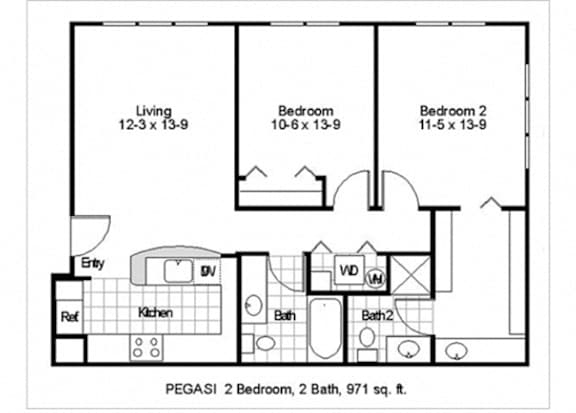 A black and white floor plan of a two bedroom, two bathroom apartment.