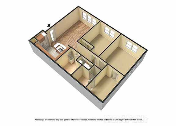 A 3D rendered image of a house layout.