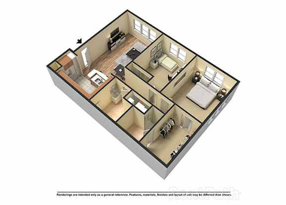 A 3D floor plan of a house with a kitchen, living room, and two bedrooms.