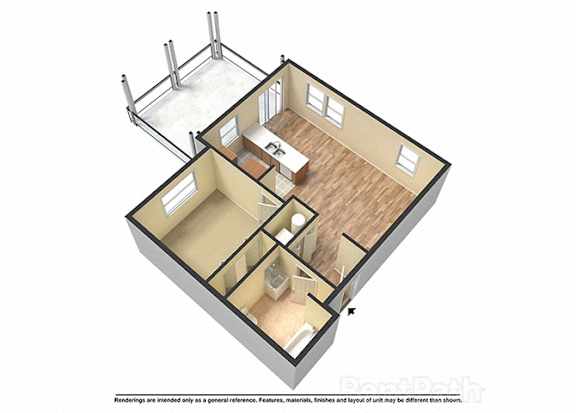 A 3D rendered image of a house layout.