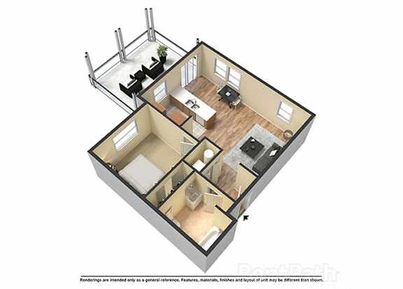 A 3D floor plan of a house with a kitchen, living room, and two bedrooms.