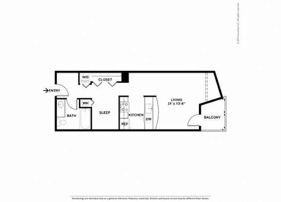 A floor plan of a small apartment with a sleeping area, a kitchen, and a bathroom.