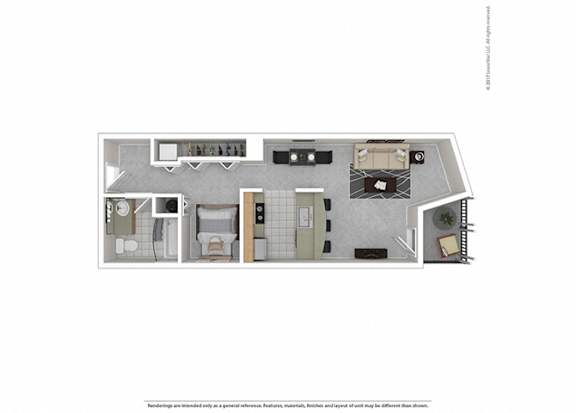 A floor plan of a house with a kitchen, living room, and bathrooms.