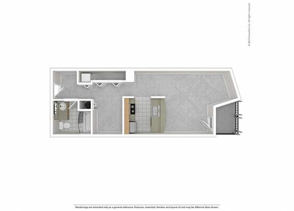 A floor plan of a house with a kitchen, living room, and two bedrooms.